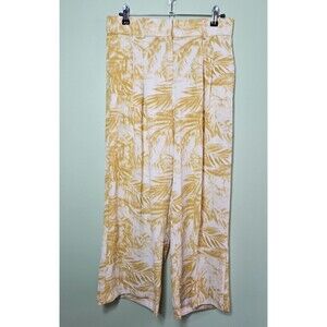 Haven & Blair Small Tropical Wide Leg Crop Pants White Yellow Resort Cruise